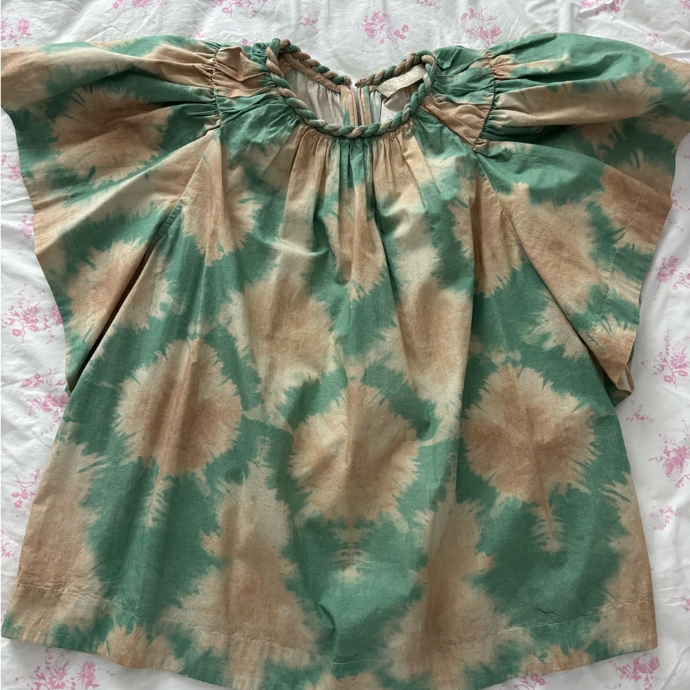Green and Brown Relaxed Blouse with Flutter Sleeves
